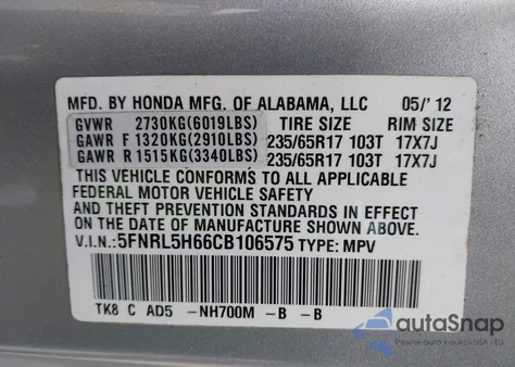 2012 Honda Odyssey Ex-L z USA, uszkodzony, nr VIN 5FNRL5H66CB106575